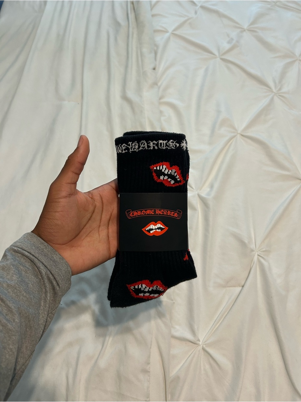 Chrome Hearts Black Crew Socks with Red Lip Logo